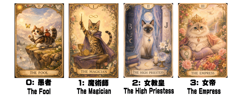 0: 愚者 - The Fool、1: 魔術師 - The Magician、2: 女教皇 - The High Priestess、3: 女帝 - The Empress