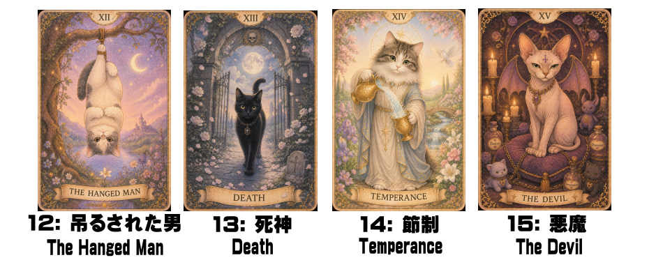 12: 吊るされた男 - The Hanged Man、13: 死神 - Death、14: 節制 - Temperance、15: 悪魔 - The Devil