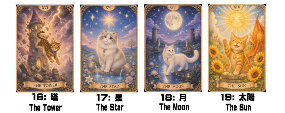 16: 塔 - The Tower、17: 星 - The Star、18: 月 - The Moon、19: 太陽 - The Sun