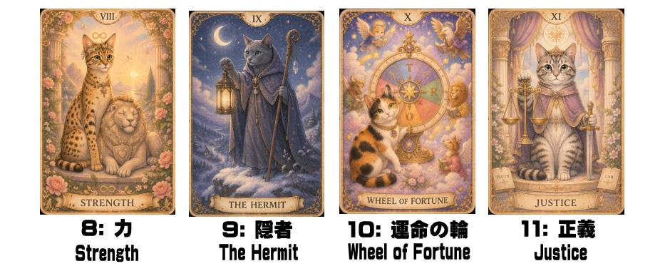 8: 力 - Strength、9: 隠者 - The Hermit、10: 運命の輪 - Wheel of Fortune、11: 正義 - Justice